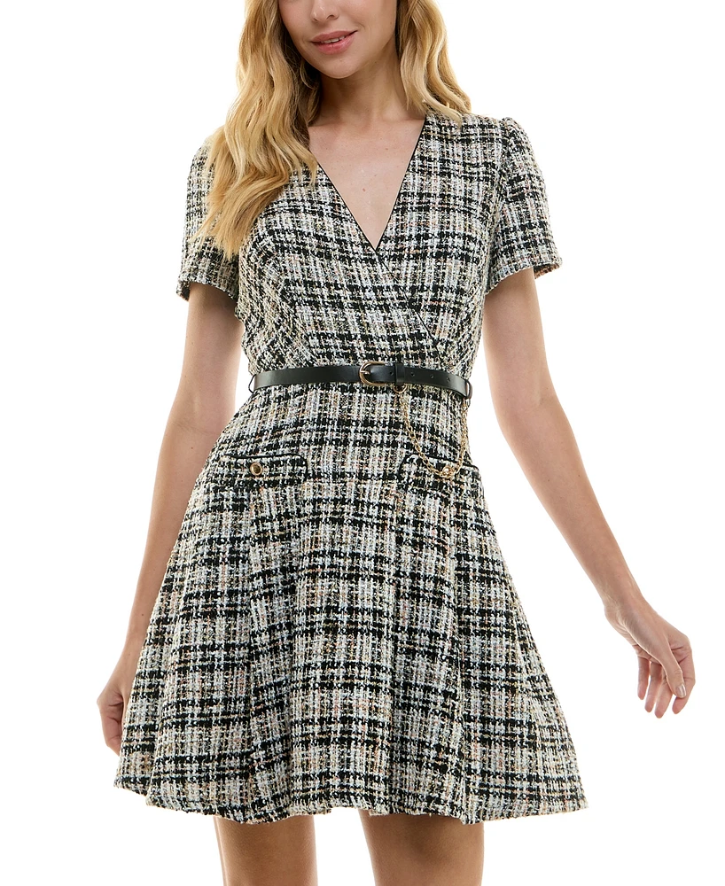 City Studios Juniors' Belted Boucle Fit & Flare Dress