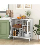 Costway Kitchen Sideboard Wooden Buffet Cabinet with Glass Holder & Tempered Glass Doors