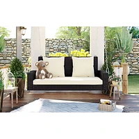 2-Person Wicker Hanging Porch Swing With Chains, Cushion, Pillow, Rattan Swing Bench
