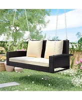 2-Person Wicker Hanging Porch Swing With Chains, Cushion, Pillow, Rattan Swing Bench