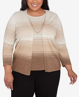 Alfred Dunner Plus Size Classic Ombre Two In One Striped Sweater With Necklace