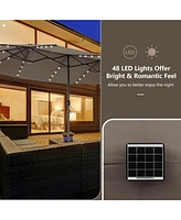 Gymax Outdoor 15' Double-Sided Patio Umbrella 48 Solar Led Lights Crank & Base Wine