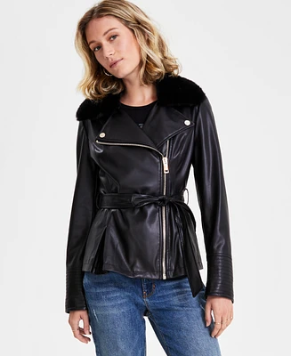 Guess Women's Faux-Fur-Trim Faux-Leather Asymmetric Belted Moto Jacket