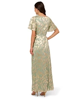 Adrianna Papell Women's Foil Leaf Flutter-Sleeve Draped Gown