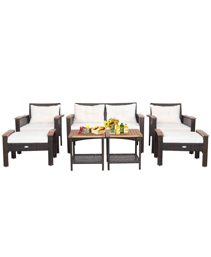 Costway 7PCS Patio Rattan Furniture Set Cushioned Loveseat Sofa Ottoman Table