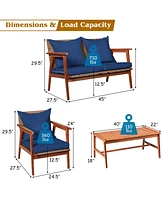 8PCS Patio Rattan Furniture Set Acacia Wood Frame Cushioned Sofa Chair Red