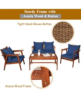 Costway 8PCS Patio Rattan Furniture Set Acacia Wood Frame Cushioned Sofa Chair Red