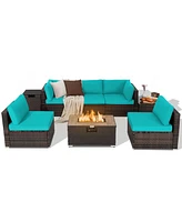 Costway 8PCS Patio Rattan Furniture Set Fire Pit Table Tank Holder Cover Deck