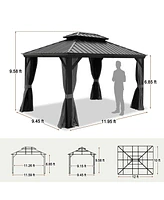 Mondawe 10 ft. x 12 Outdoor Aluminium Alloy Hardtop Gazebo with Netting and Gray Curtain for Garden