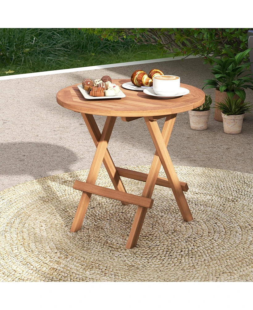 Slickblue Round Patio Folding Coffee Table Indonesia Teak Wood with Slatted Tabletop