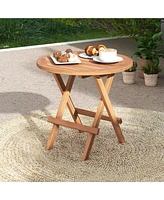 Slickblue Round Patio Folding Coffee Table Indonesia Teak Wood with Slatted Tabletop