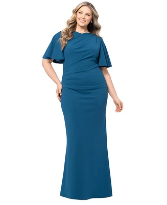 Betsy & Adam Plus Gathered Flutter-Sleeve Gown