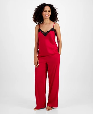 I.n.c. International Concepts Women's Stretch Satin Lace-Trim Top & Pajama Pants Set, Created for Macy's