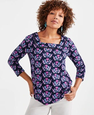 Style & Co Petite Mirrored Bouquet Square-Neck Cotton Top, Created for Macy's