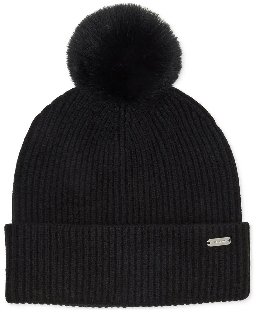 Steve Madden Women's Ribbed Faux-Fur Pom Beanie