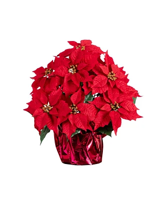 Nearly Natural 19in. Artificial Lush Poinsettia Arrangement in Red Wrapped Planter