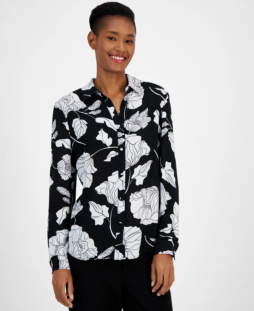 T Tahari Women's Floral-Print Fold-Collar Blouse