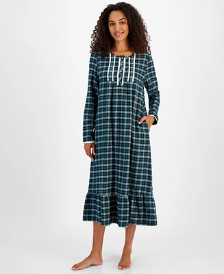 Charter Club Women's Long-Sleeve Plaid Flannel Gown, Created for Macy's