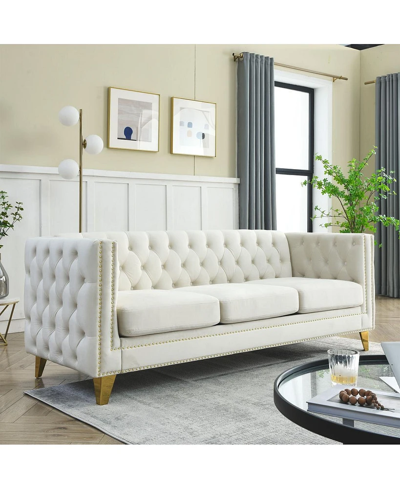 Simplie Fun Beige Velvet Sofa with Tufted Arms and Metal Legs