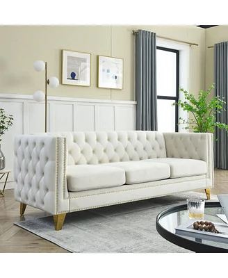 Streamdale Furniture Beige Velvet Sofa with Tufted Arms and Metal Legs