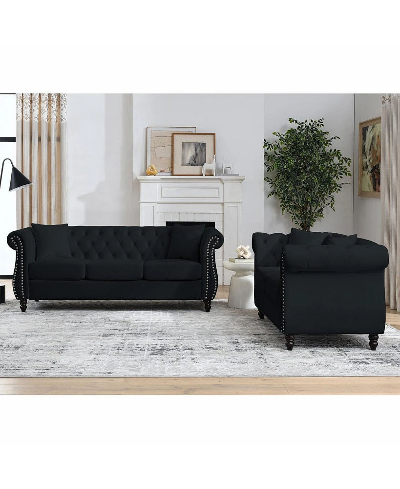 Simplie Fun Black Velvet 3-Seater Chesterfield Sofa with Tufted Couch