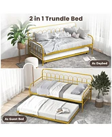 Sugift Twin Size Golden Metal Daybed with Trundle and Lockable Wheels-Twin Size