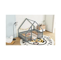 Streamdale Furniture Full Wood House-Shaped Floor Bed with Fence, Guardrails, Grey