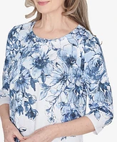 Alfred Dunner Classic Floral Shimmer Three Quarter Sleeve Top