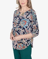 Alfred Dunner Classic Scroll Three Quarter Ruched Sleeves Top