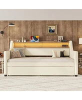 Simplie Fun Twin Size Daybed with Trundle, Upholstered Daybed with Charging Station and Led Lights, White