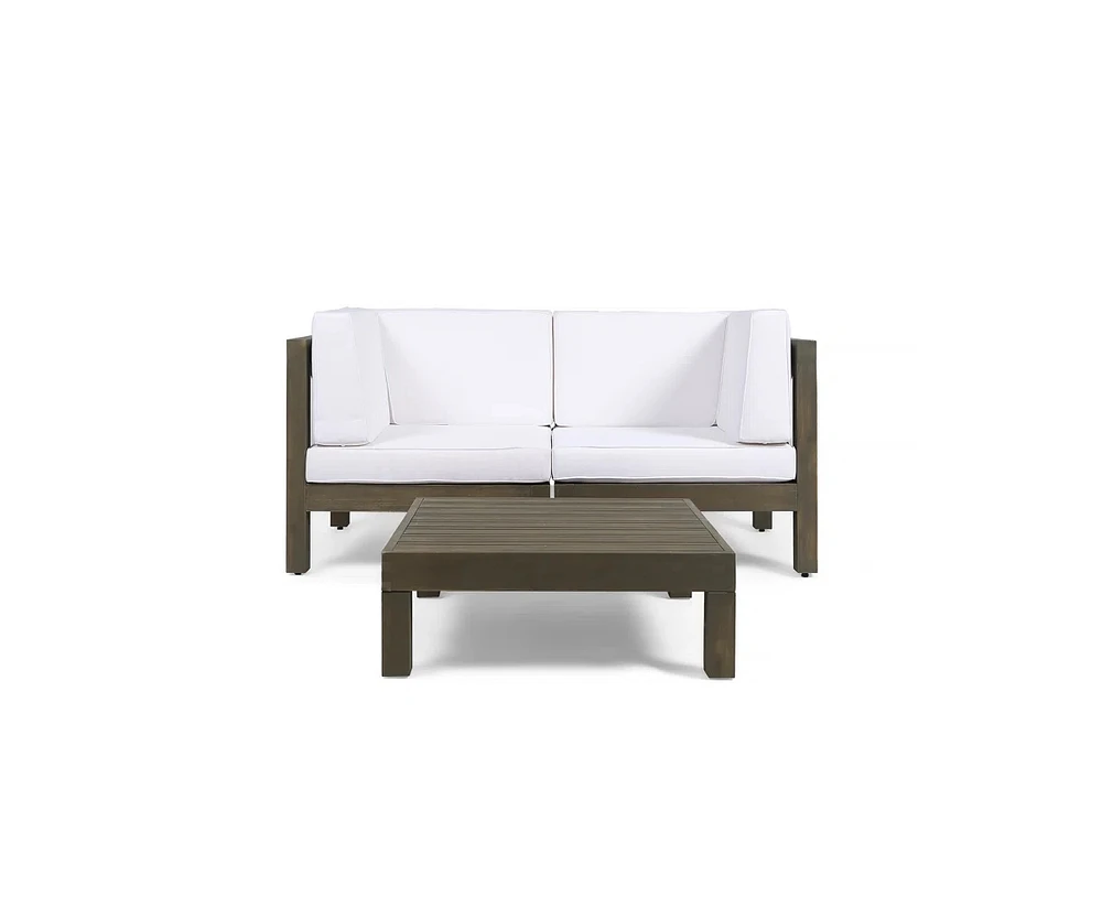 Simplie Fun Outdoor Loveseat Set with Coffee Table in Acacia Wood with Plush Cushions