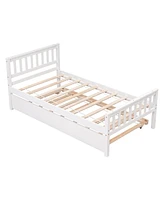Twin Bed with Trundle, Platform Bed Frame with Headboard and Footboard, for Bedroom Small Living Space, No Box Spring Needed, White