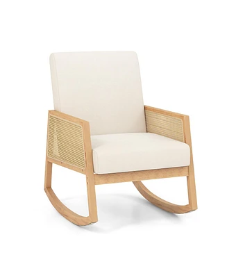 Slickblue Rocking Chair with Rattan Armrests and Upholstered Cushion-Beige