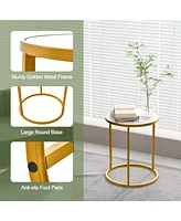 16 Inch Marble Top Round Side Table with Golden Metal Frame for Living Room Bedroom-Set of 2