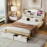 Simplie Fun Metal Platform Bed With 2 drawers, Storage Headboard, Queen, Gold