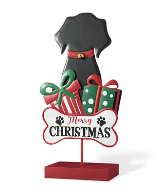 Glitzhome 15''H Christmas Metal Wooden Dog Gift Box Table Decor