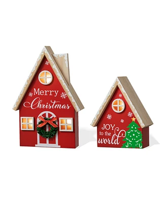 Glitzhome Christmas Lighted Wooden House Table Decor, Set of 2