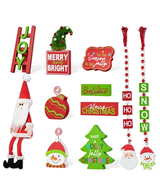 Glitzhome Set of 11 Christmas Wooden Word Signs and Fabric Santa Tiered Tray Set Table Decor