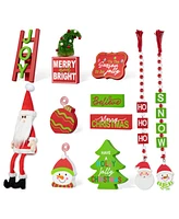 Glitzhome Set of 11 Christmas Wooden Word Signs and Fabric Santa Tiered Tray Set Table Decor