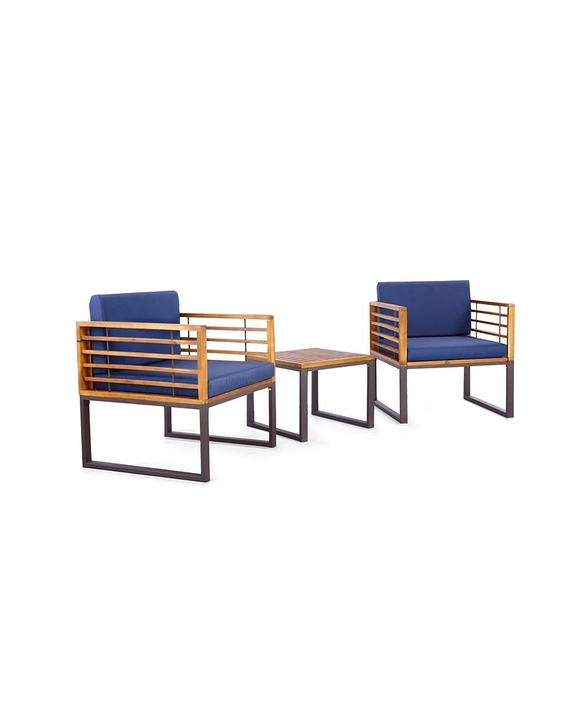 Slickblue 3 Pieces Patio Acacia Wood Conversation Set with Cushioned Armchairs-Navy