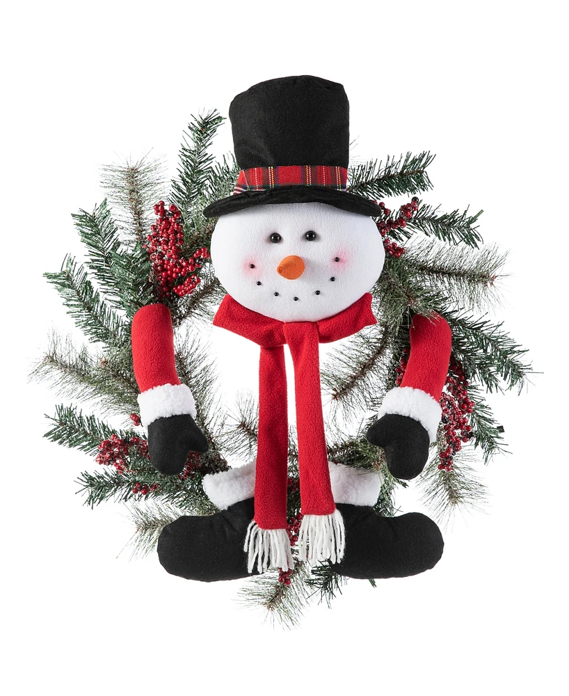 Glitzhome 24 D Christmas Flocked Pine Needle Berry Wreath with matched 20"H Christmas Fabric Snowman Ornament sets