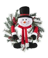 Glitzhome 24 D Christmas Flocked Pine Needle Berry Wreath with matched 20"H Christmas Fabric Snowman Ornament sets