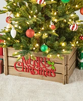 Glitzhome L Natural Wooden Merry Christmas Solid Wood Crate Tree Collar