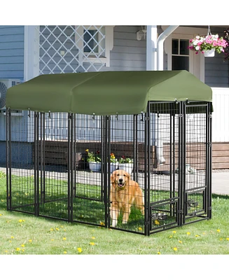 Simplie Fun Shady Outdoor Dog Kennel with Water-Resistant Roof and Rotatable Bowls