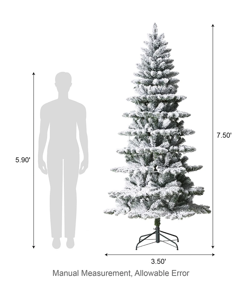 Glitzhome 7.5ft Pre Lit Flocked Slim Spruce Artificial Christmas Tree with 320 Warm White Lights, 3 Function