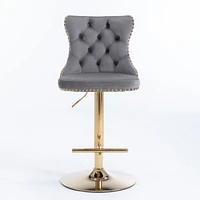 Set of 2 Gray Velvet Bar Stools, Adjustable Height