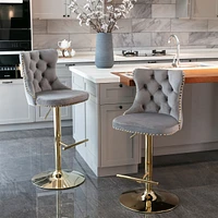 Streamdale Furniture Set of 2 Gray Velvet Bar Stools, Adjustable Height