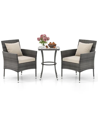Gymax 3-Piece Patio Furniture Set Pe Wicker Conversation Bistro Set w/ A Tempered Glass Table