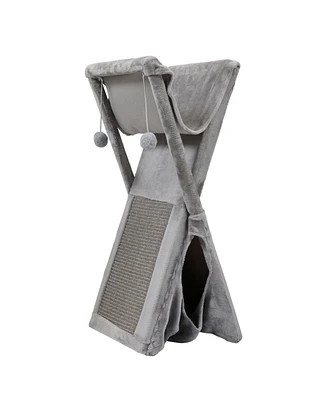 Simplie Fun Folding Cat Tower Tree, 2-Tier Pet House with Scratching Pad, Cat Nest Hammock for Small to Middle Kitten - Gray