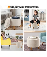 Slickblue Round Fabric Storage Ottoman with Tray and Non-Slip Pads for Bedroom